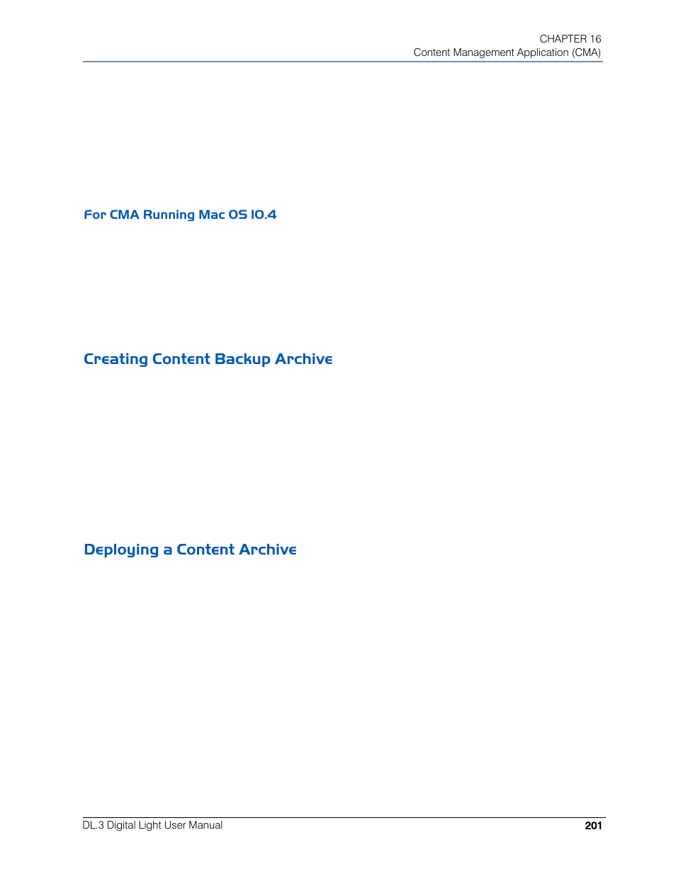 For cma running mac os 10.4, Creating content backup archive, Deploying a content archive | High End Systems DL.3 User Manual | Page 223 / 334