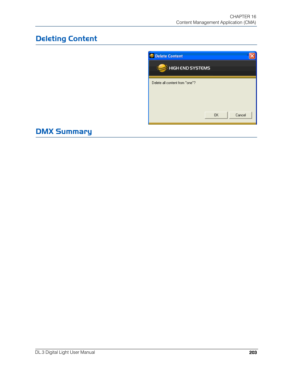 Deleting content, Dmx summary, Deleting content dmx summary | High End Systems DL.3 User Manual | Page 225 / 334
