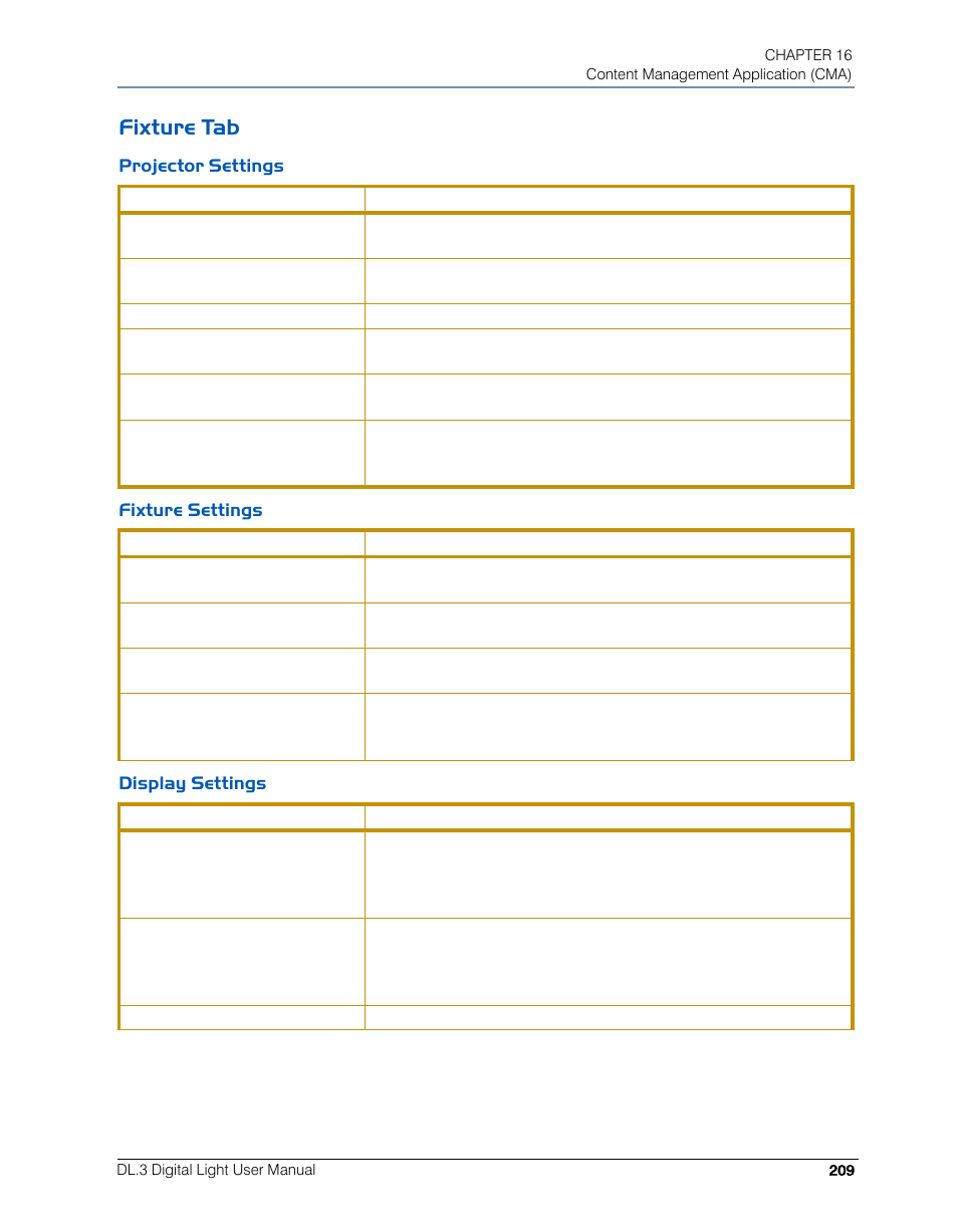 Fixture tab, Projector settings, Fixture settings | Display settings | High End Systems DL.3 User Manual | Page 231 / 334