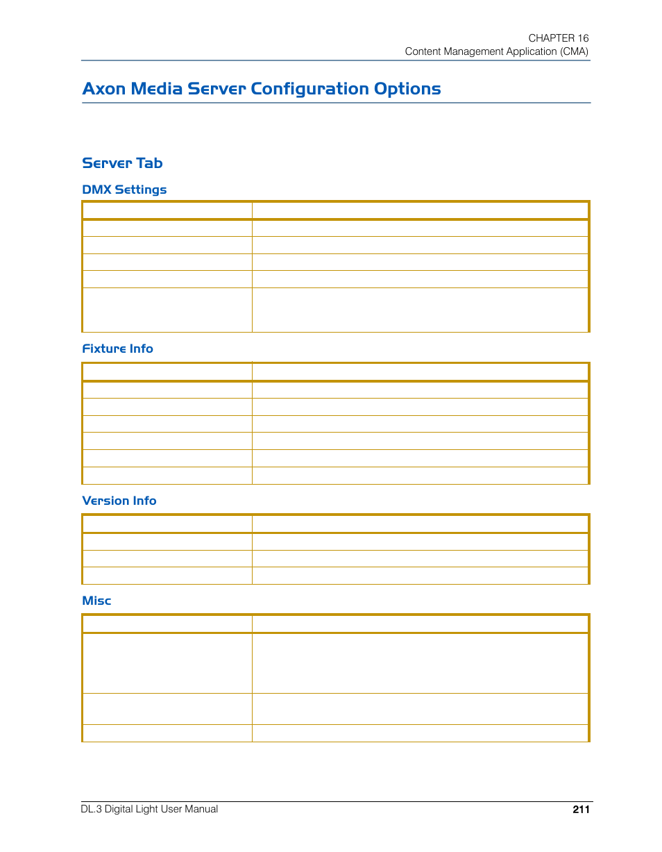 Axon media server configuration options, Server tab, Dmx settings | Fixture info, Version info, Misc, Dmx settings fixture info version info misc | High End Systems DL.3 User Manual | Page 233 / 334