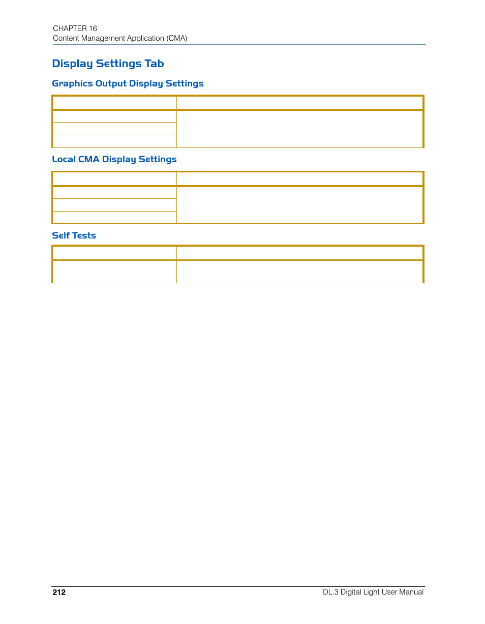 Display settings tab, Graphics output display settings, Local cma display settings | Self tests | High End Systems DL.3 User Manual | Page 234 / 334
