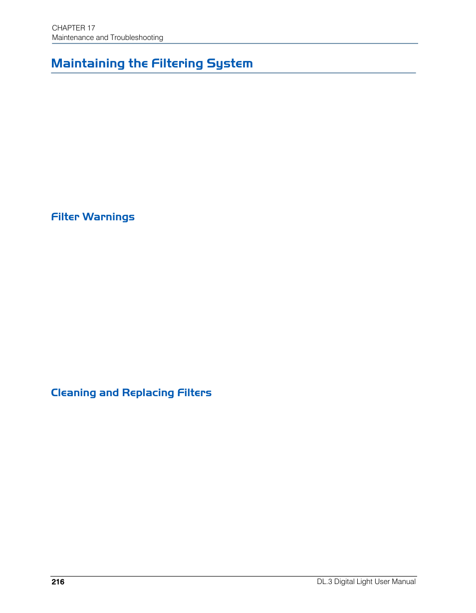 Maintaining the filtering system, Filter warnings, Cleaning and replacing filters | Filter warnings cleaning and replacing filters | High End Systems DL.3 User Manual | Page 238 / 334