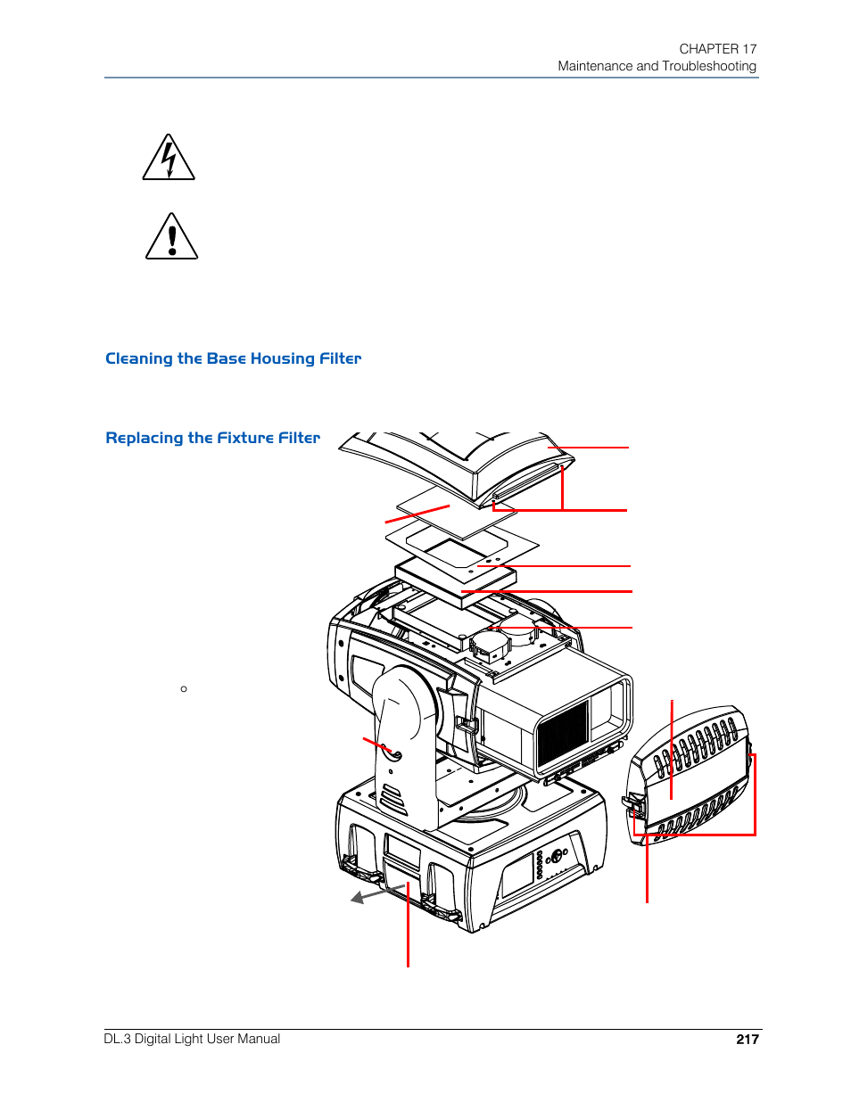 Cleaning the base housing filter, Replacing the fixture filter | High End Systems DL.3 User Manual | Page 239 / 334