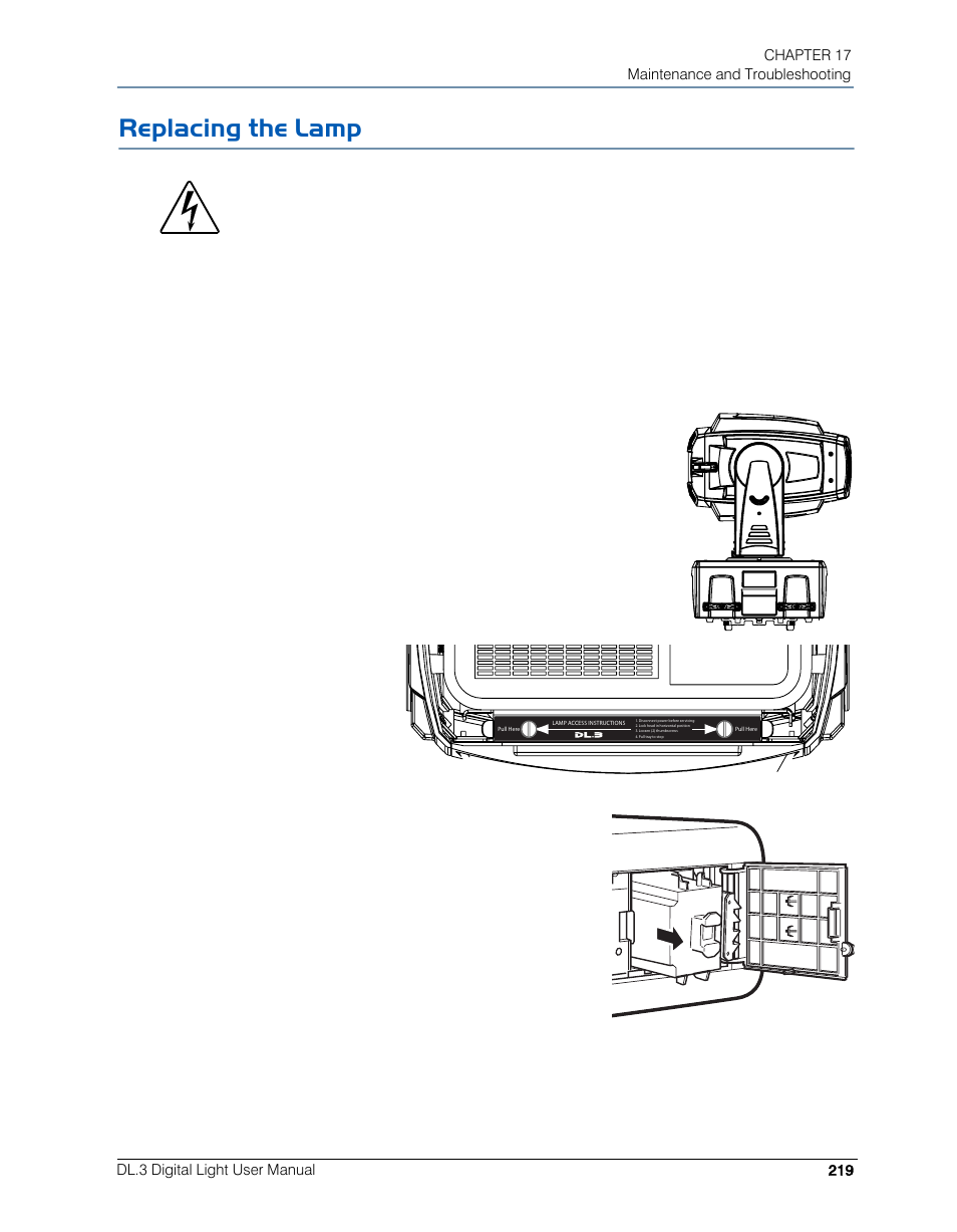 Replacing the lamp | High End Systems DL.3 User Manual | Page 241 / 334