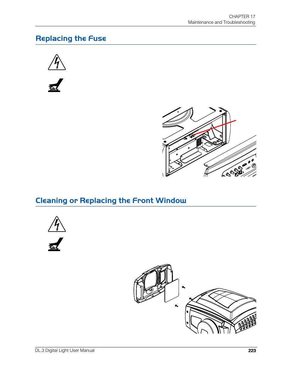 Replacing the fuse, Cleaning or replacing the front window | High End Systems DL.3 User Manual | Page 245 / 334