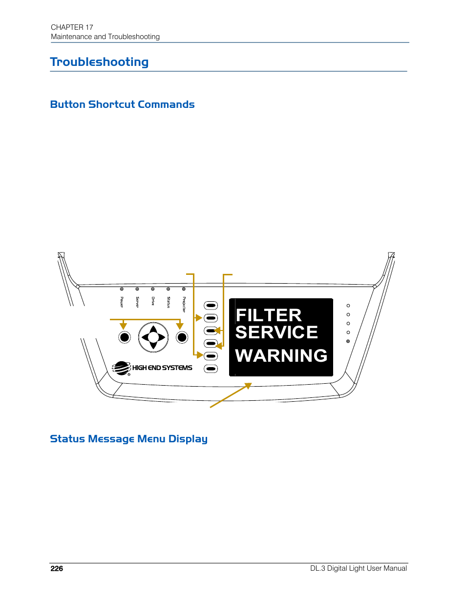 Troubleshooting, Button shortcut commands, Status message menu display | Filter service warning | High End Systems DL.3 User Manual | Page 248 / 334