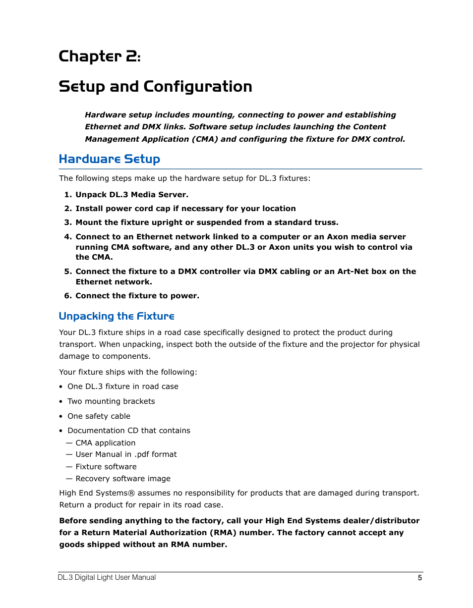 Chapter 2: setup and configuration, Hardware setup, Unpacking the fixture | High End Systems DL.3 User Manual | Page 27 / 334