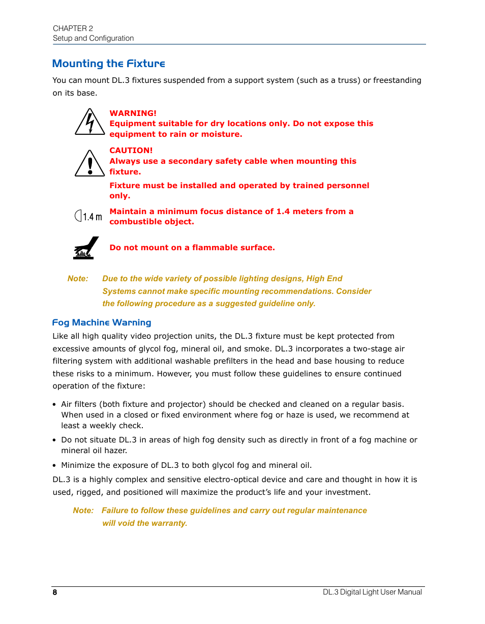 Mounting the fixture, Fog machine warning | High End Systems DL.3 User Manual | Page 30 / 334