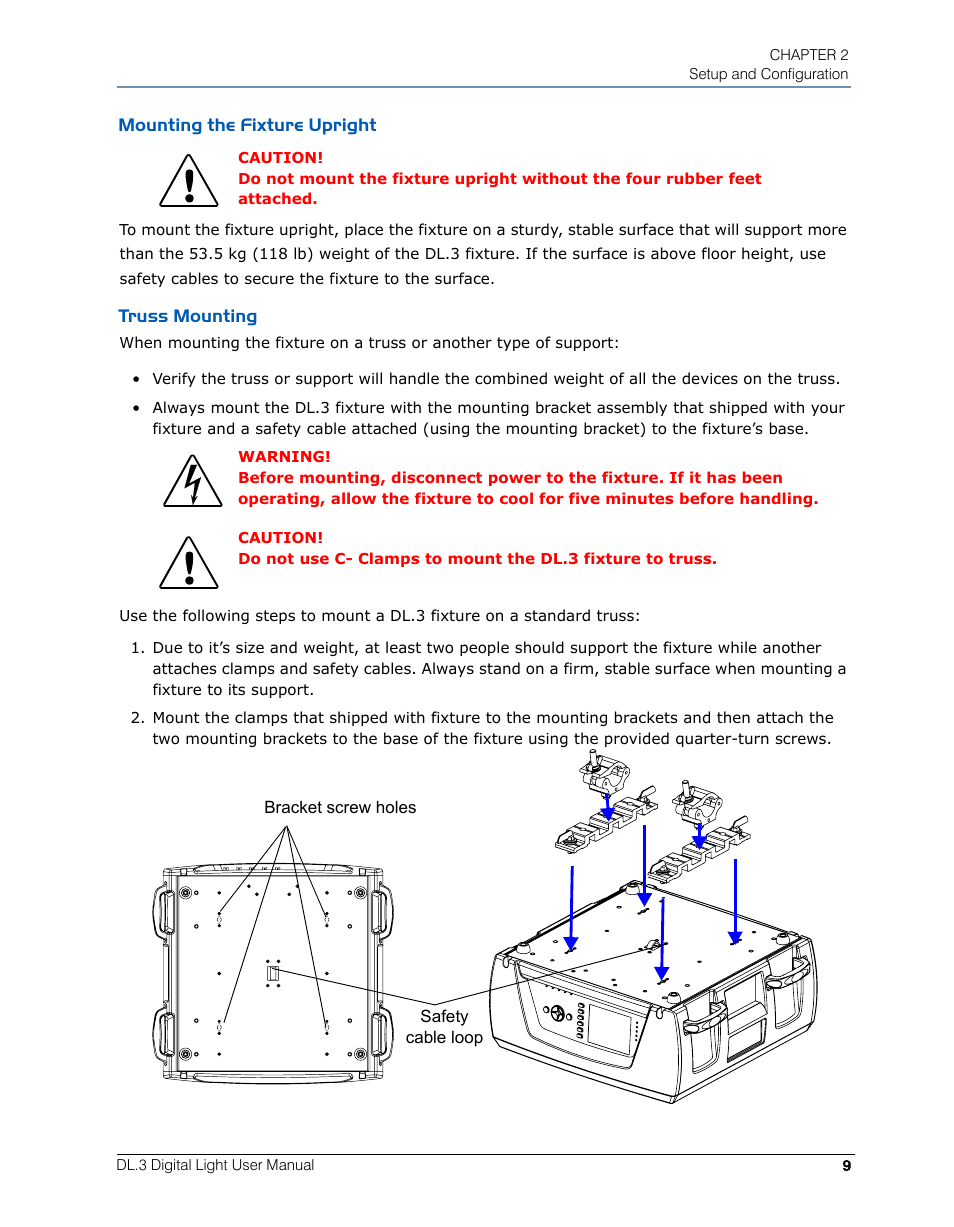 Mounting the fixture upright, Truss mounting, Mounting the fixture upright truss mounting | High End Systems DL.3 User Manual | Page 31 / 334