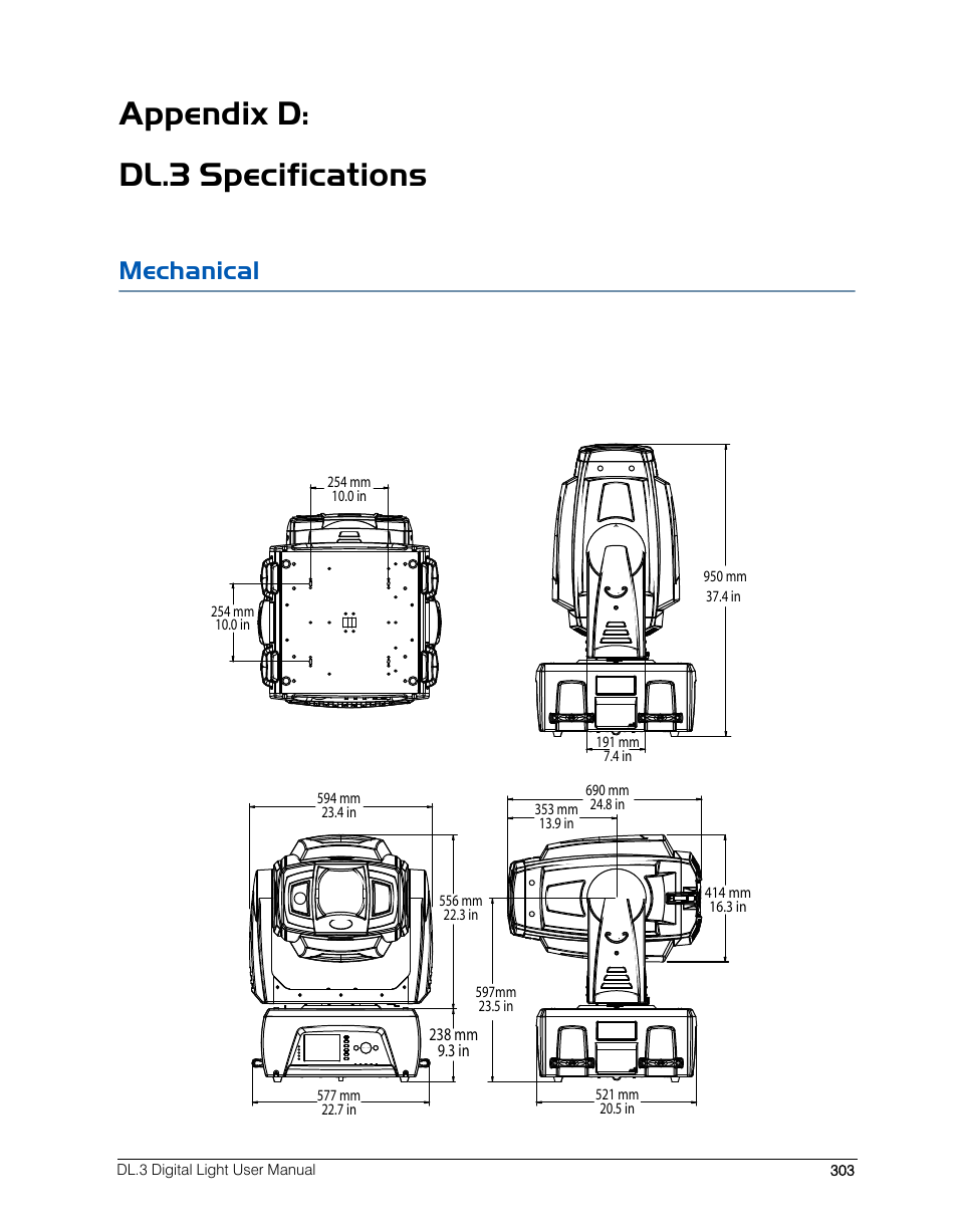 Appendix d: dl.3 specifications, Mechanical | High End Systems DL.3 User Manual | Page 325 / 334