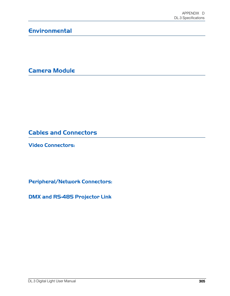 Environmental, Camera module, Cables and connectors | Video connectors, Peripheral/network connectors, Dmx and rs-485 projector link, Environmental camera module cables and connectors | High End Systems DL.3 User Manual | Page 327 / 334