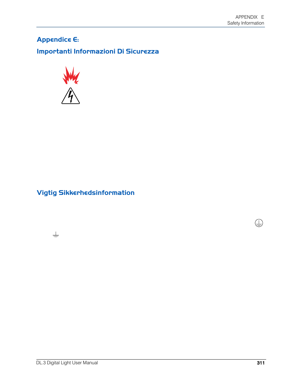 Appendice e: importanti informazioni di sicurezza, Vigtig sikkerhedsinformation | High End Systems DL.3 User Manual | Page 333 / 334