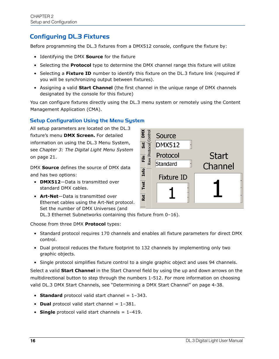 Configuring dl.3 fixtures, Setup configuration using the menu system | High End Systems DL.3 User Manual | Page 38 / 334