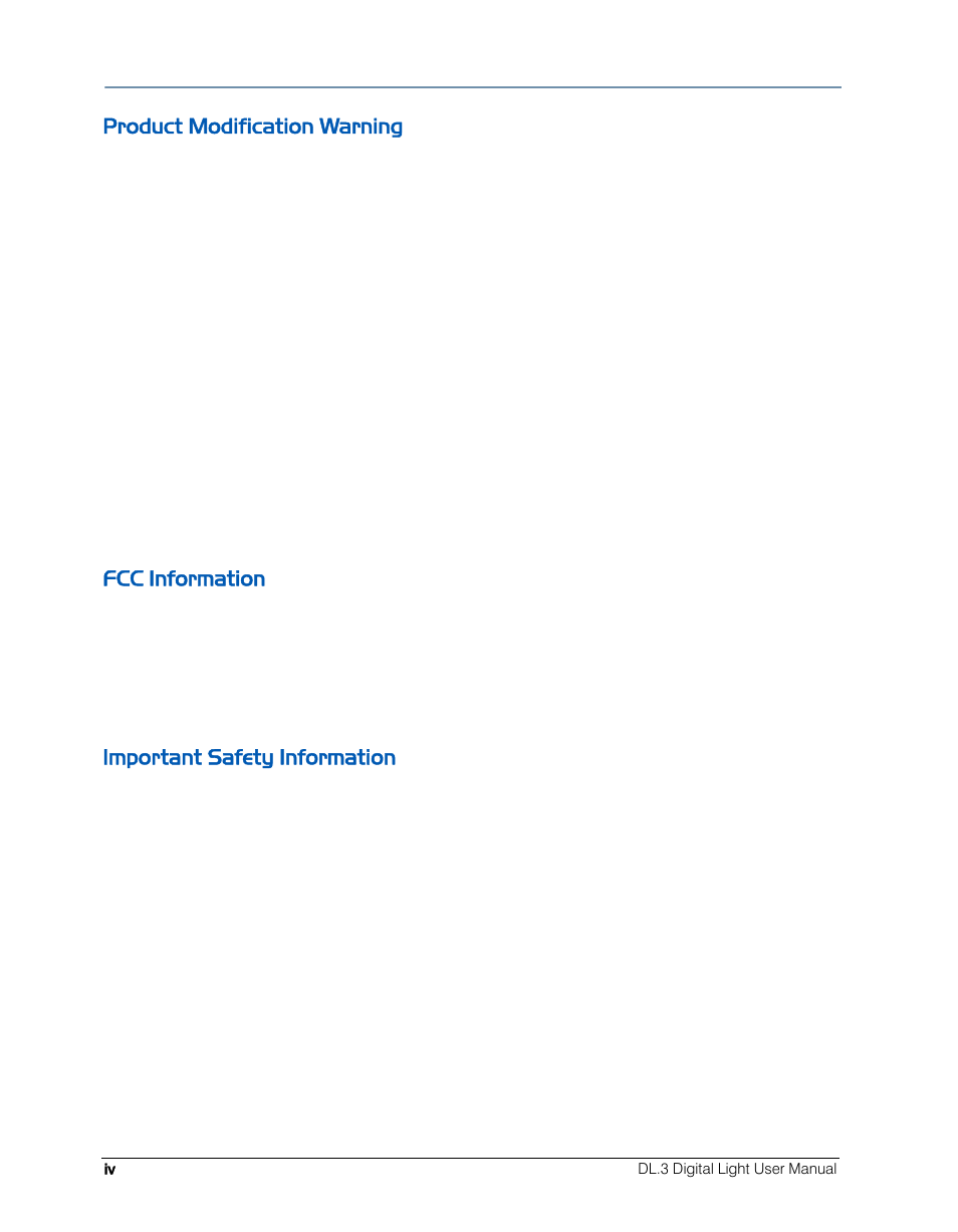Product modification warning, Fcc information, Important safety information | High End Systems DL.3 User Manual | Page 4 / 334