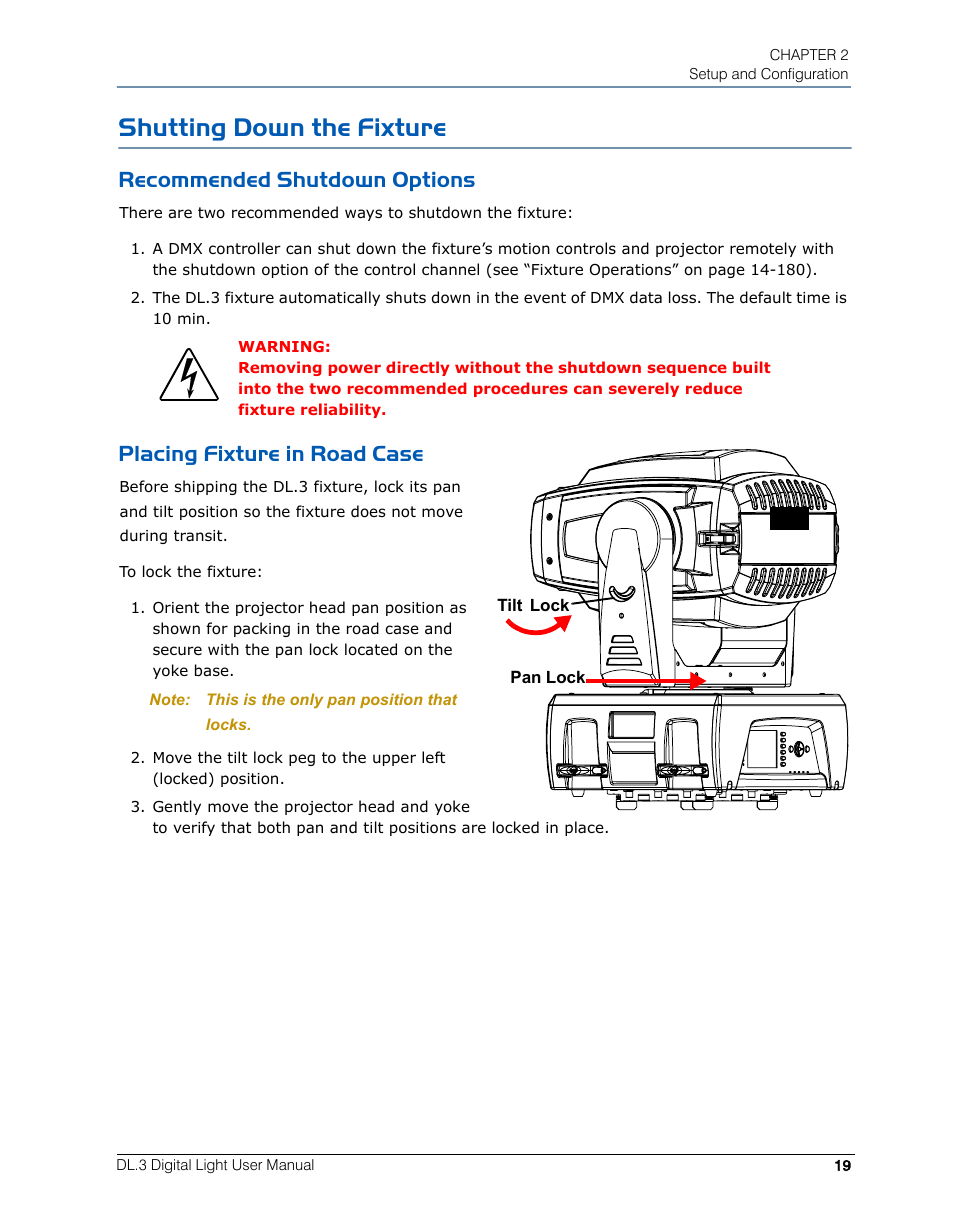 Shutting down the fixture, Recommended shutdown options, Placing fixture in road case | High End Systems DL.3 User Manual | Page 41 / 334