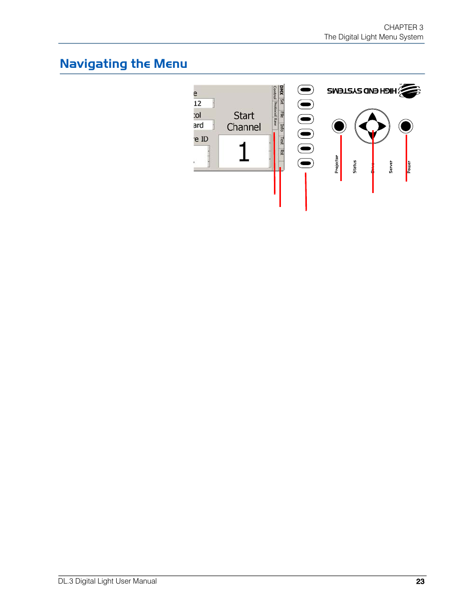 Navigating the menu | High End Systems DL.3 User Manual | Page 45 / 334