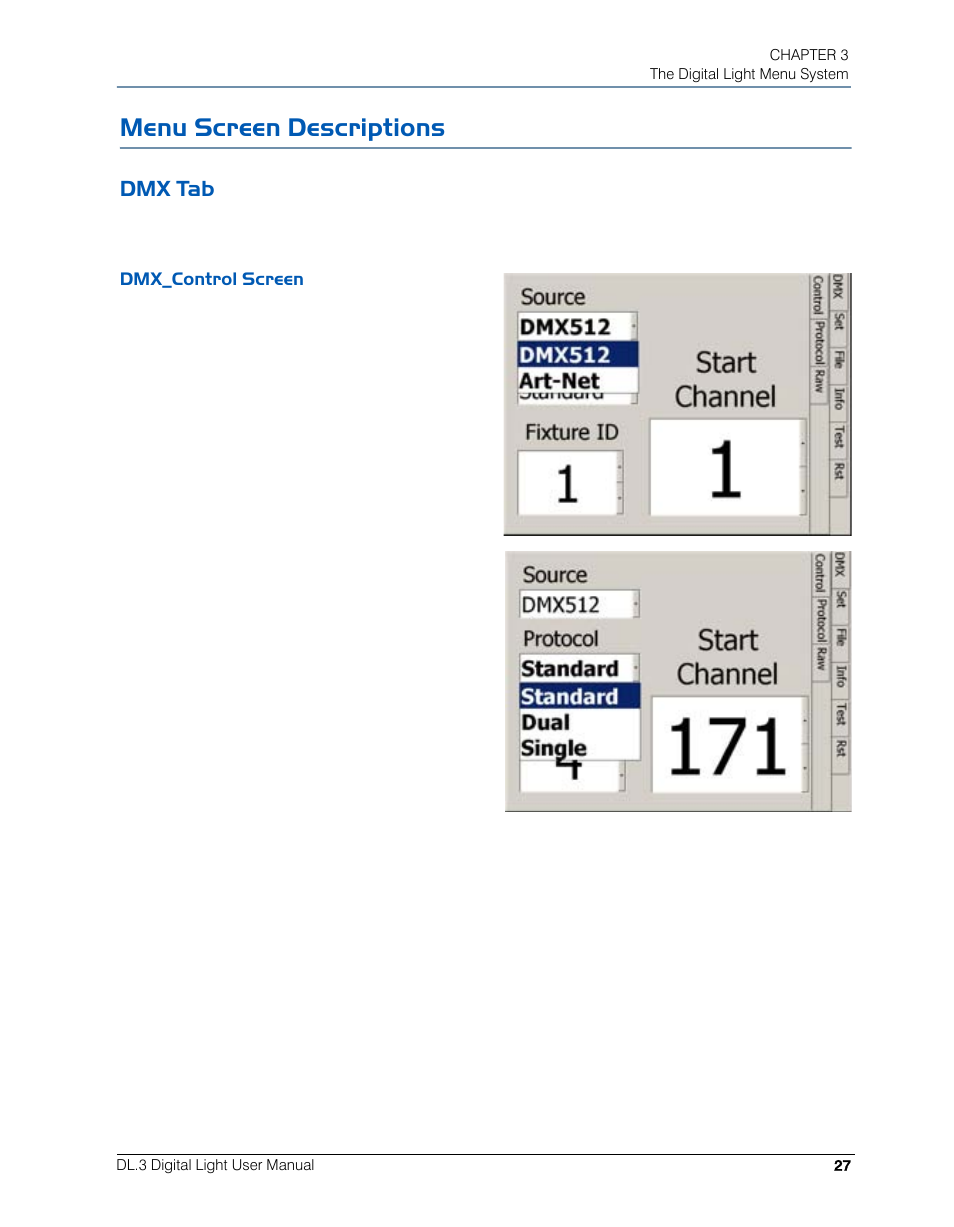 Menu screen descriptions, Dmx tab, Dmx_control screen | High End Systems DL.3 User Manual | Page 49 / 334