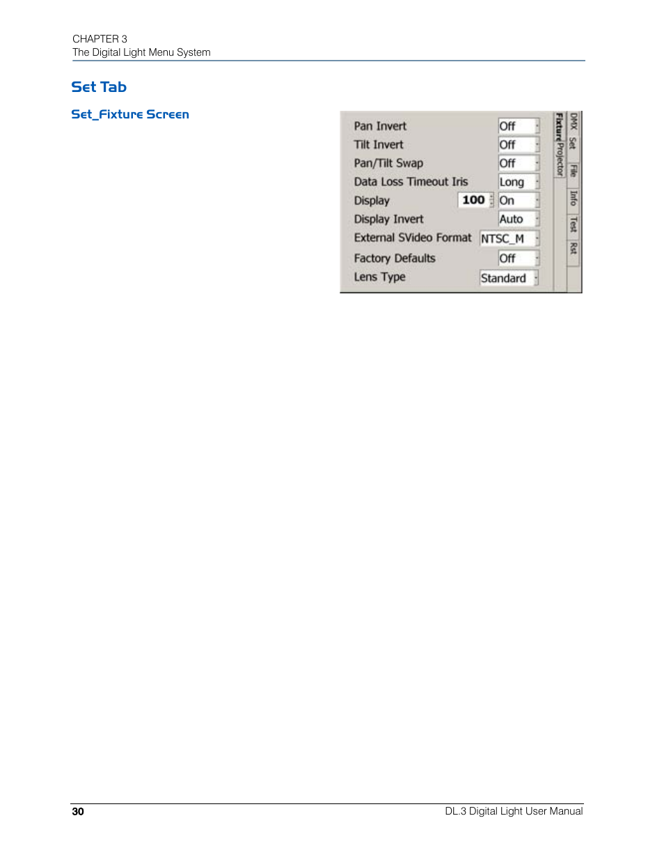 Set tab, Set_fixture screen, Movement option fields | Timeout option, Display options | High End Systems DL.3 User Manual | Page 52 / 334