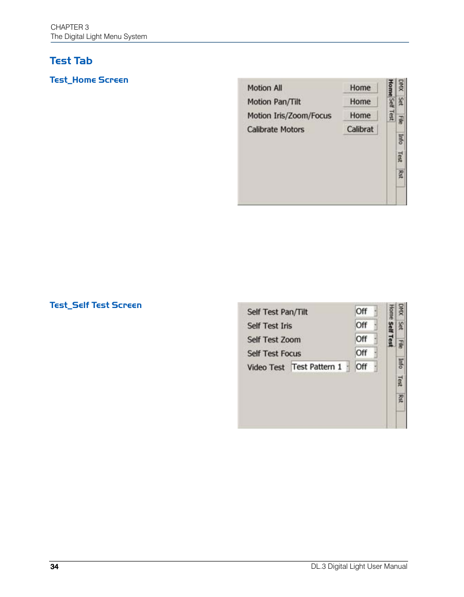 Test tab, Test_home screen, Test_self test screen | Test_home screen test_self test screen | High End Systems DL.3 User Manual | Page 56 / 334