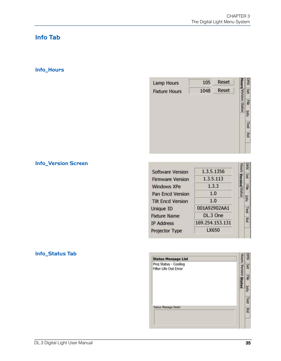 Info tab, Info_hours, Info_version screen | Info_status tab, Info_hours info_version screen info_status tab | High End Systems DL.3 User Manual | Page 57 / 334