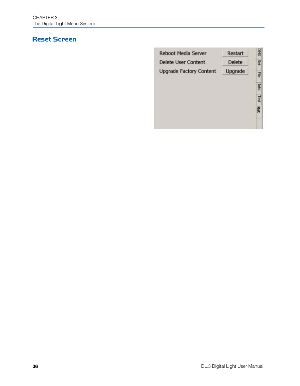 Reset screen | High End Systems DL.3 User Manual | Page 58 / 334