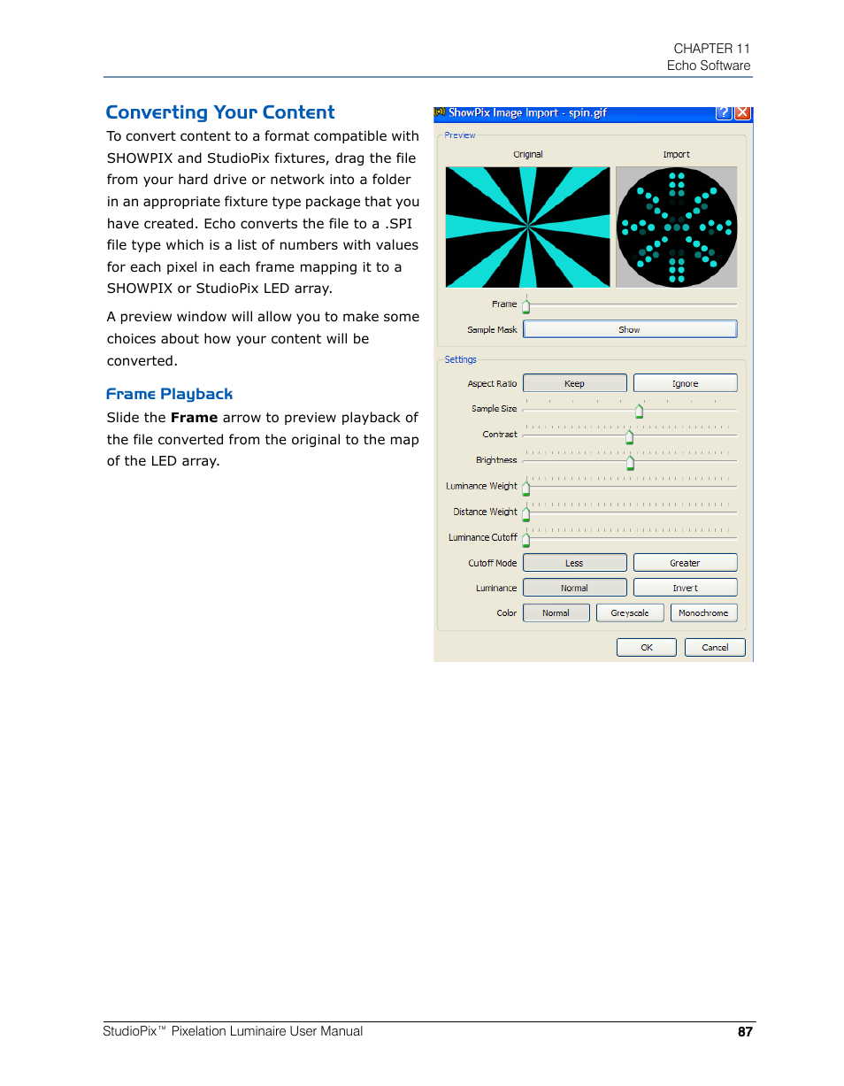 Converting your content, Frame playback | High End Systems StudioPix Pixelation Luminaire User Manual | Page 101 / 118