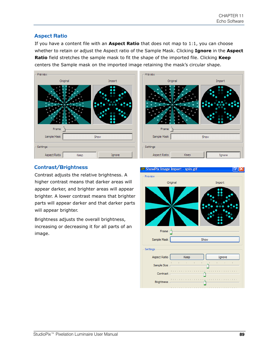 Aspect ratio, Contrast/brightness, Aspect ratio contrast/brightness | High End Systems StudioPix Pixelation Luminaire User Manual | Page 103 / 118