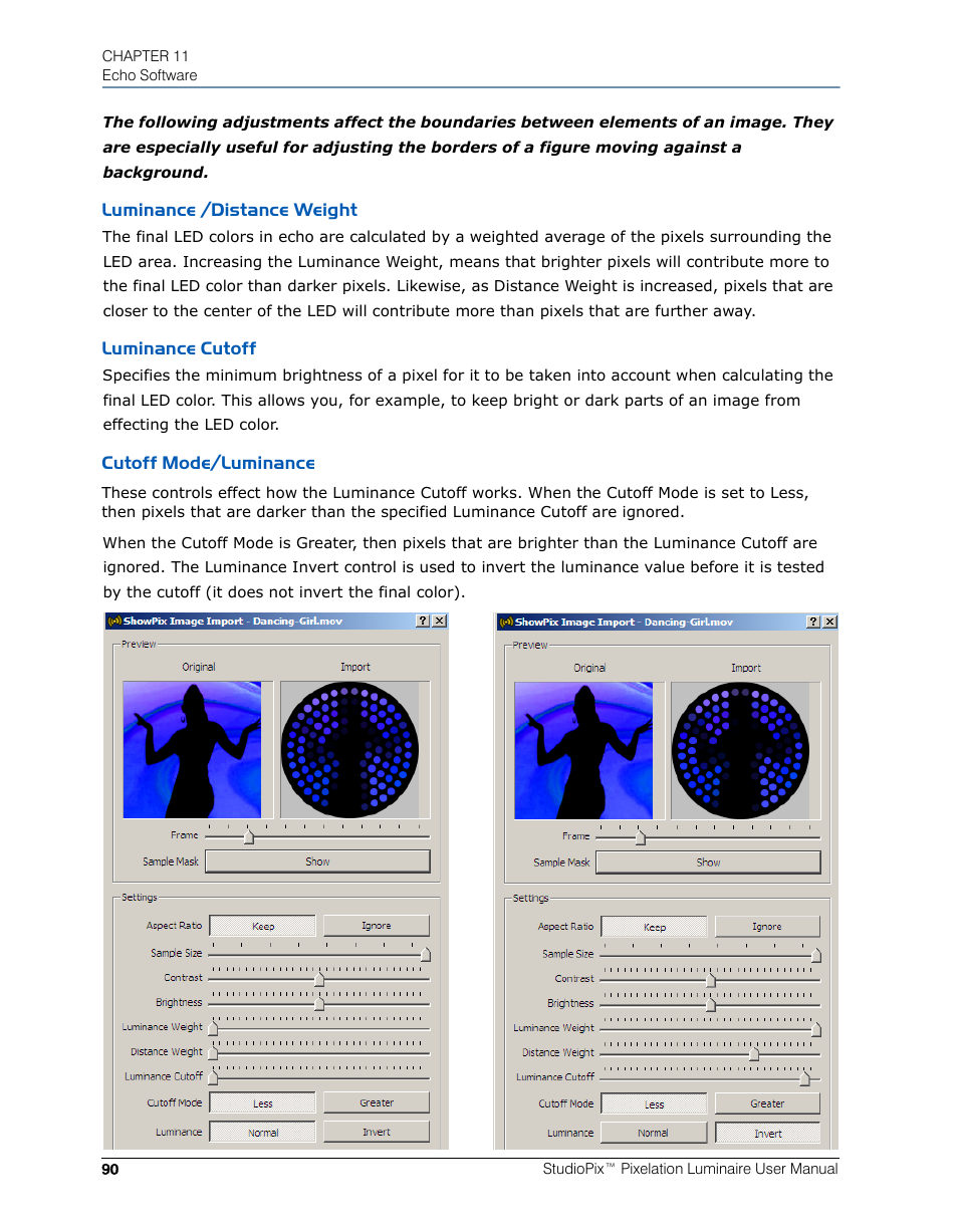 Luminance /distance weight, Luminance cutoff, Cutoff mode/luminance | High End Systems StudioPix Pixelation Luminaire User Manual | Page 104 / 118