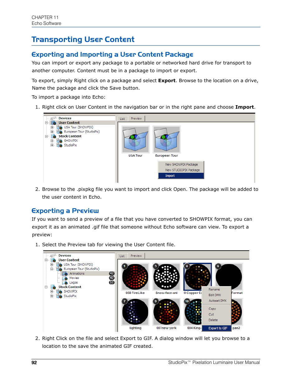 Transporting user content, Exporting and importing a user content package, Exporting a preview | High End Systems StudioPix Pixelation Luminaire User Manual | Page 106 / 118