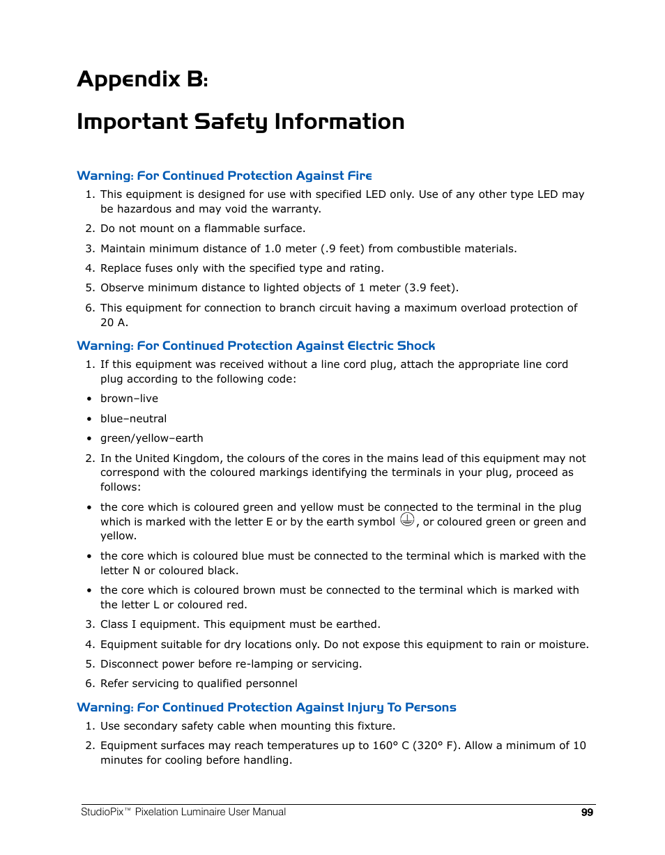 Appendix b: important safety information, Warning: for continued protection against fire, Important safety information | High End Systems StudioPix Pixelation Luminaire User Manual | Page 113 / 118