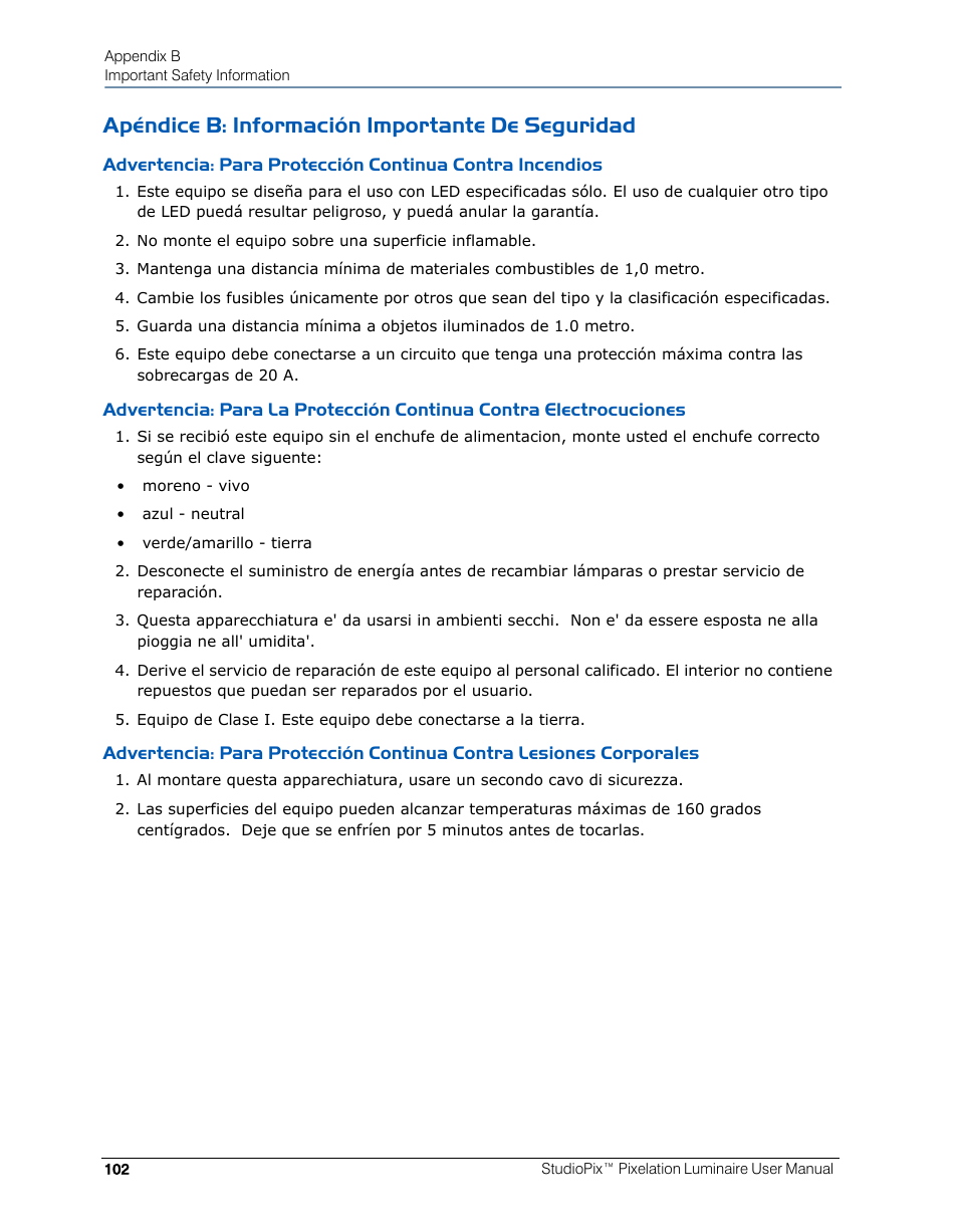 Apéndice b: información importante de seguridad | High End Systems StudioPix Pixelation Luminaire User Manual | Page 116 / 118