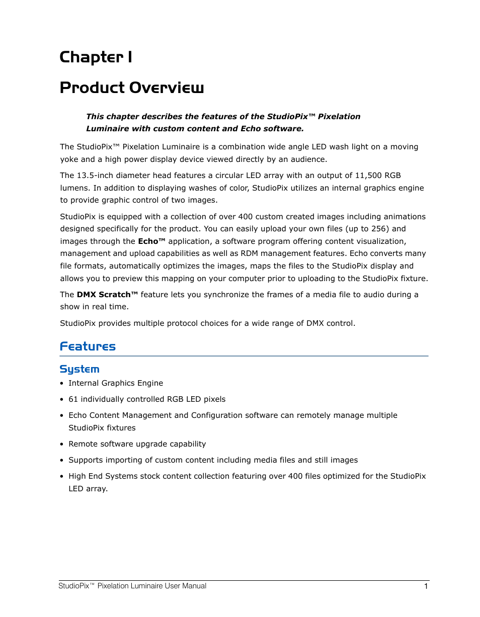 Chapter 1 product overview, Features, System | Chapter 1: product overview | High End Systems StudioPix Pixelation Luminaire User Manual | Page 15 / 118