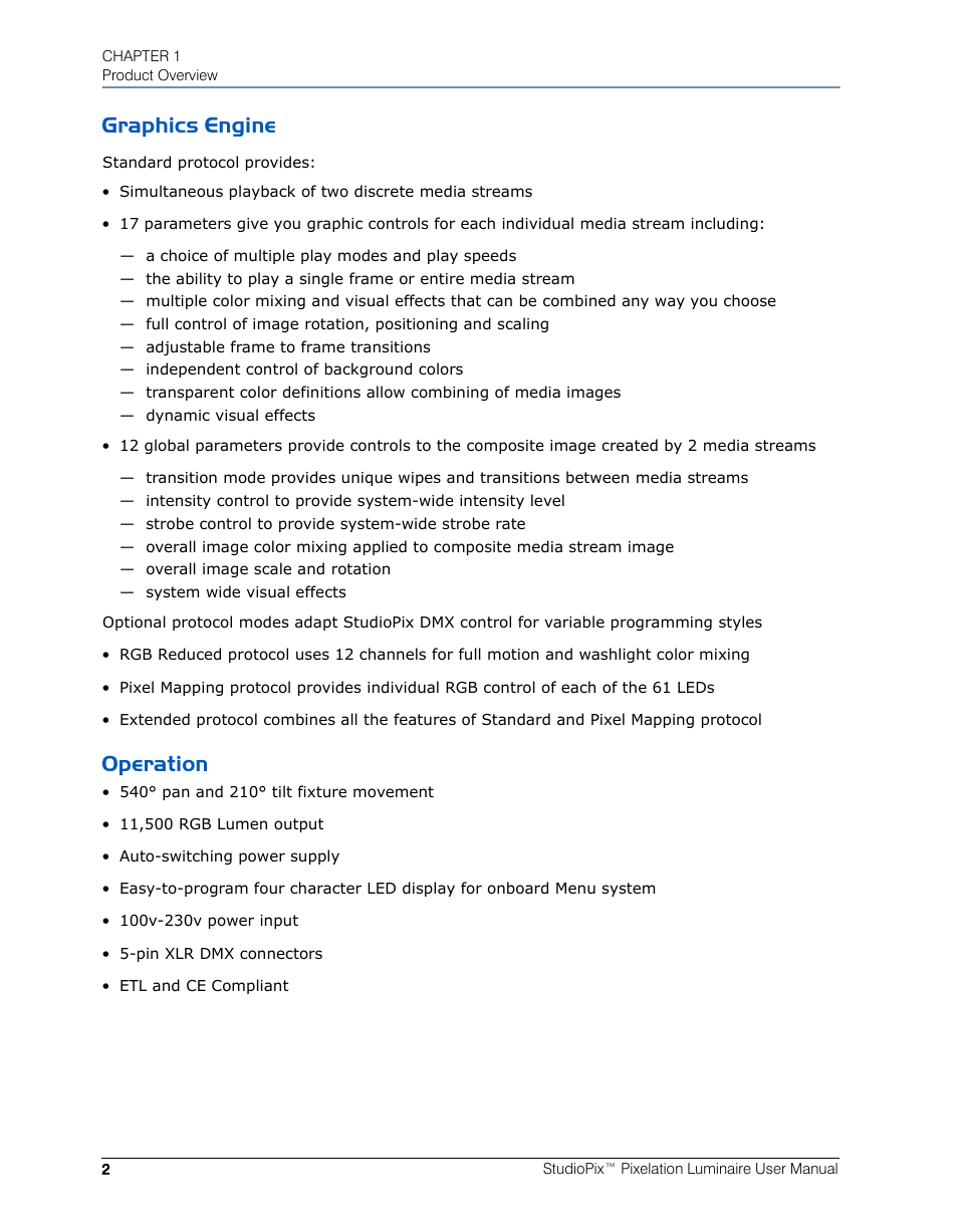 Graphics engine, Operation, Graphics engine operation | High End Systems StudioPix Pixelation Luminaire User Manual | Page 16 / 118