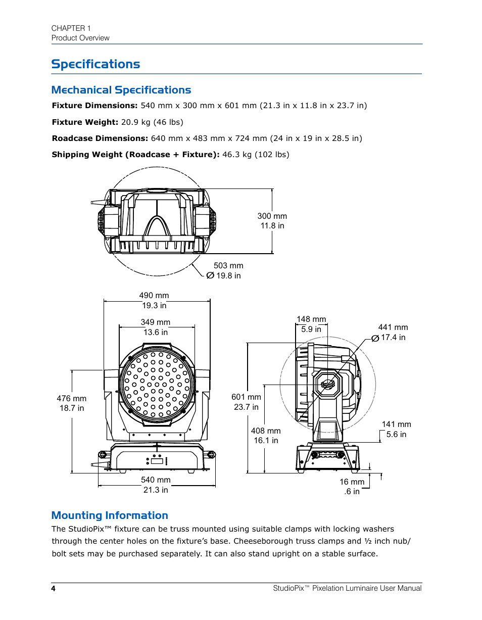Specifications, Mechanical specifications, Mounting information | Mechanical specifications mounting information | High End Systems StudioPix Pixelation Luminaire User Manual | Page 18 / 118