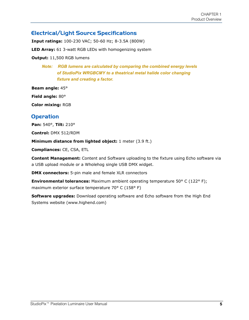 Electrical/light source specifications, Operation, Electrical/light source specifications operation | High End Systems StudioPix Pixelation Luminaire User Manual | Page 19 / 118