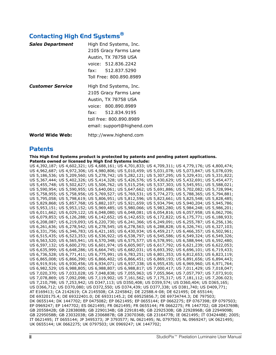 Contacting high end systems, Patents | High End Systems StudioPix Pixelation Luminaire User Manual | Page 2 / 118