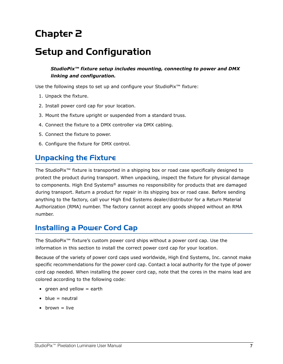 Chapter 2 setup and configuration, Unpacking the fixture, Installing a power cord cap | Chapter 2: setup and configuration | High End Systems StudioPix Pixelation Luminaire User Manual | Page 21 / 118