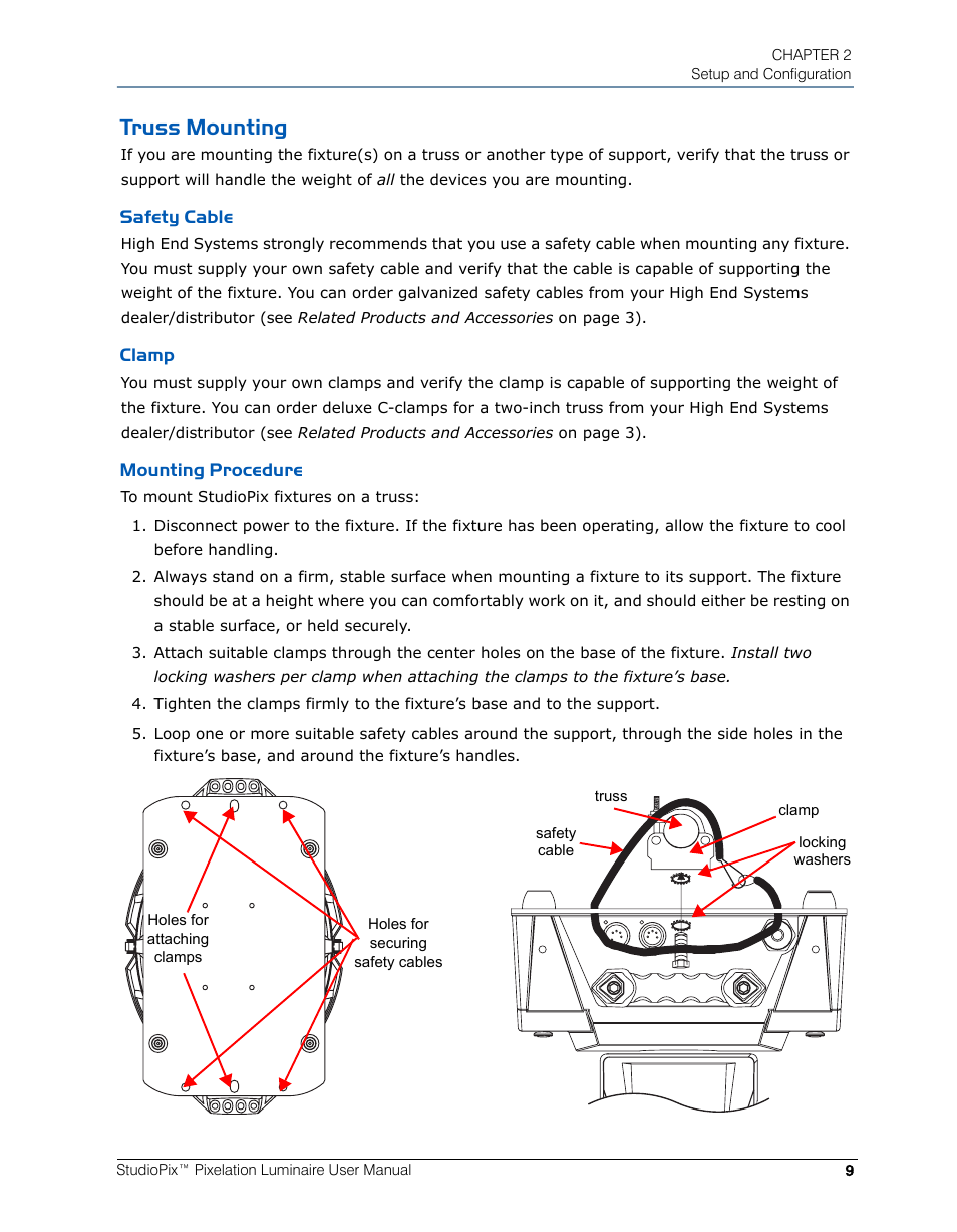Truss mounting, Safety cable, Clamp | Mounting procedure, Safety cable clamp mounting procedure | High End Systems StudioPix Pixelation Luminaire User Manual | Page 23 / 118