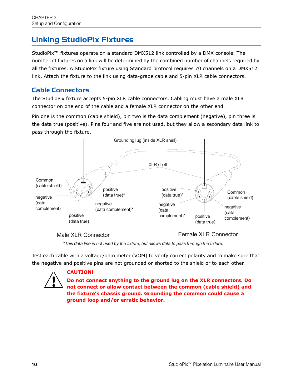 Linking studiopix fixtures, Cable connectors, Male xlr connector female xlr connector | High End Systems StudioPix Pixelation Luminaire User Manual | Page 24 / 118