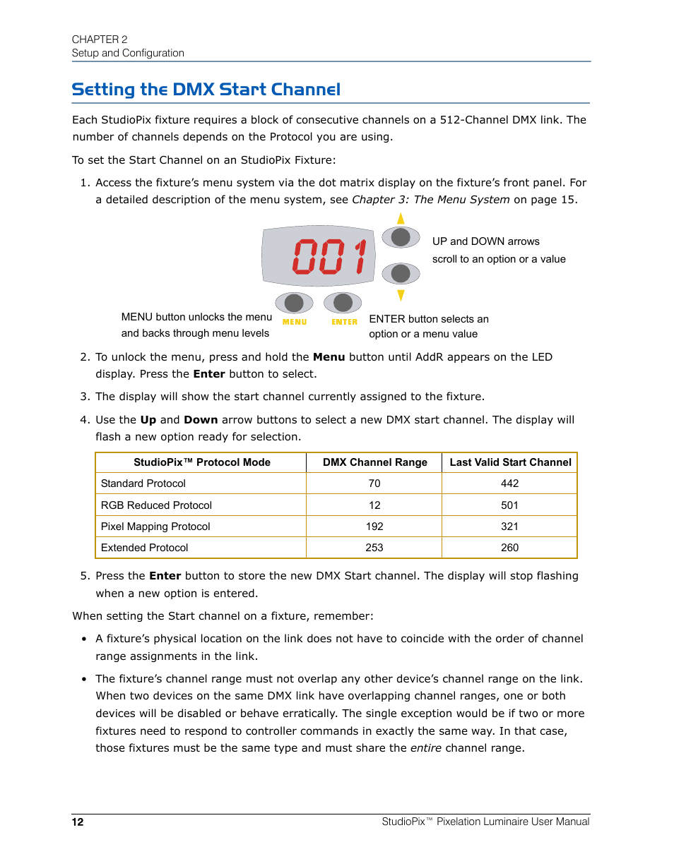 Setting the dmx start channel | High End Systems StudioPix Pixelation Luminaire User Manual | Page 26 / 118