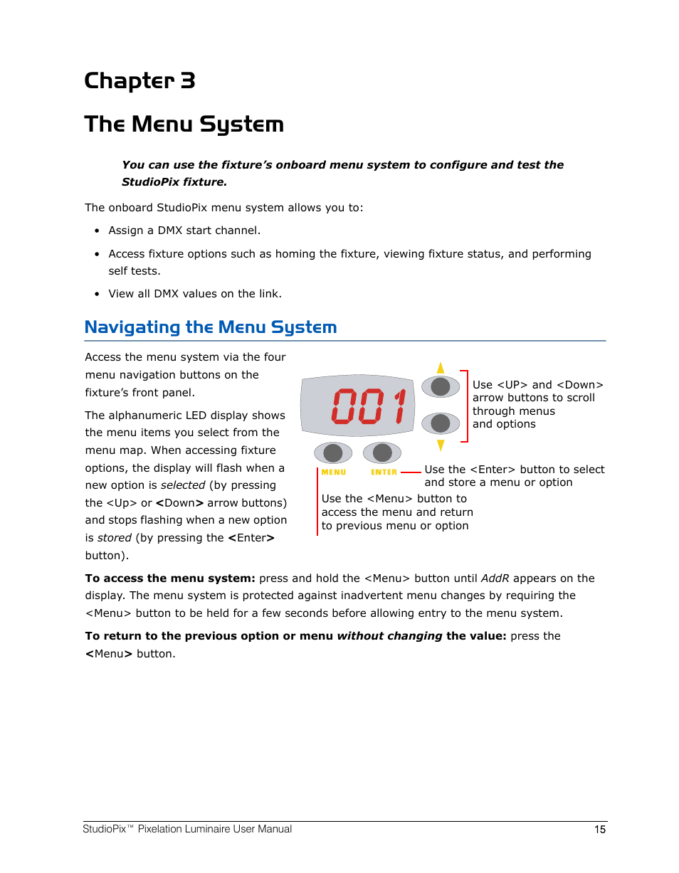 Chapter 3 the menu system, Navigating the menu system, Chapter 3: the menu system | High End Systems StudioPix Pixelation Luminaire User Manual | Page 29 / 118