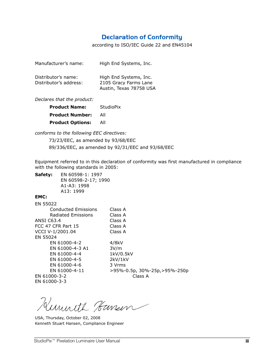 Declaration of conformity | High End Systems StudioPix Pixelation Luminaire User Manual | Page 3 / 118