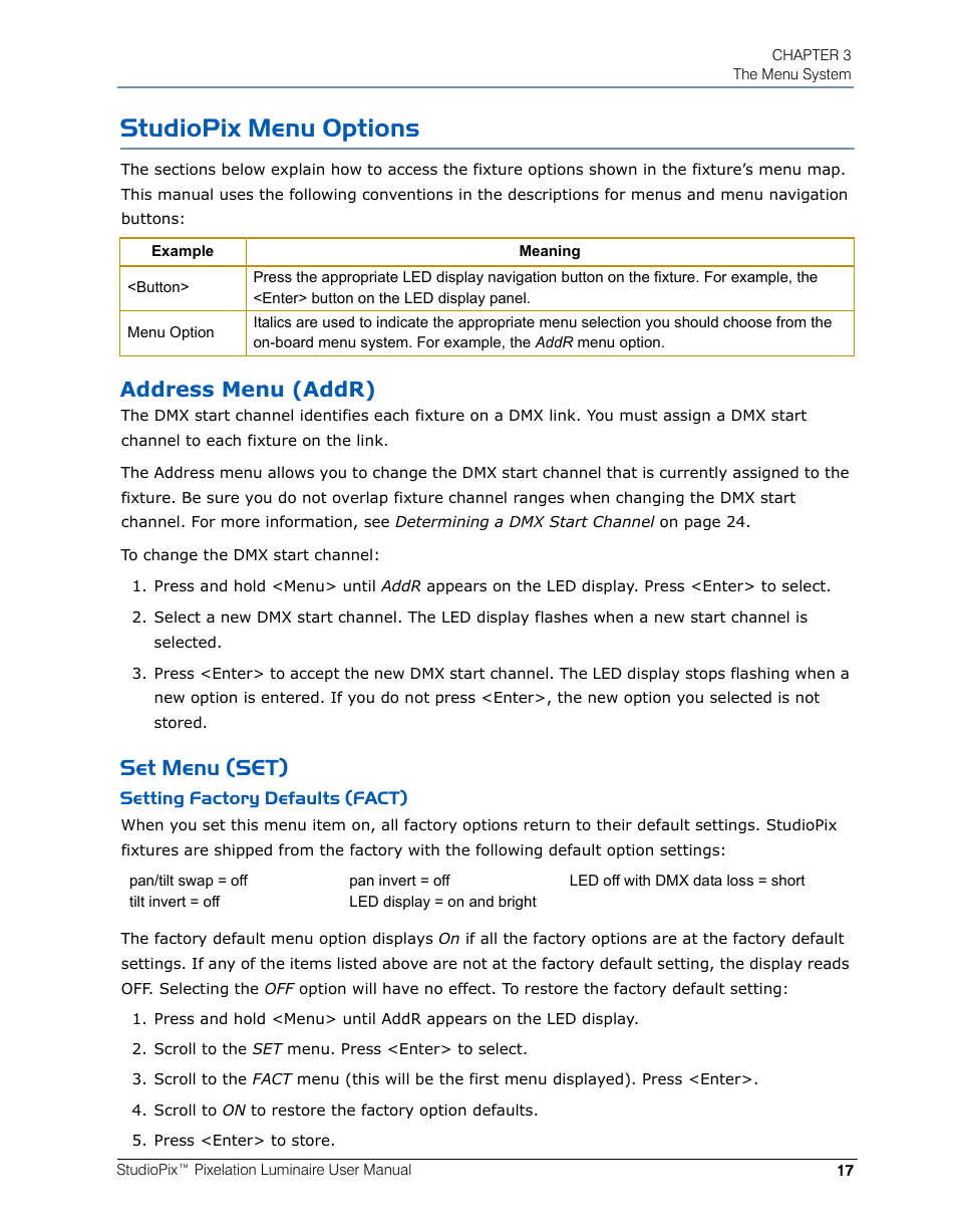Studiopix menu options, Address menu (addr), Set menu (set) | Setting factory defaults (fact) | High End Systems StudioPix Pixelation Luminaire User Manual | Page 31 / 118