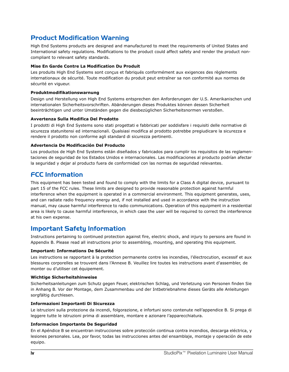 Product modification warning, Fcc information, Important safety information | High End Systems StudioPix Pixelation Luminaire User Manual | Page 4 / 118