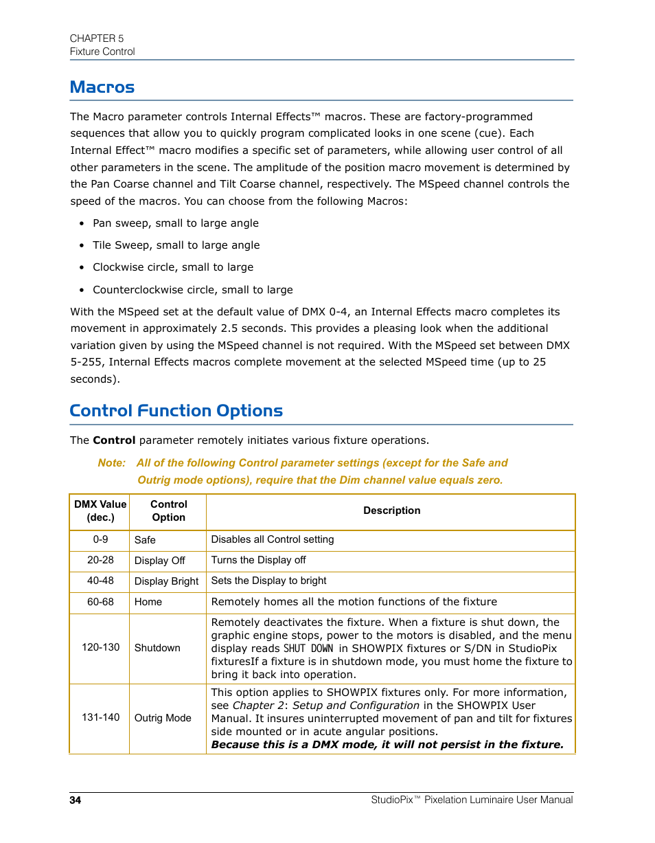 Macros, Control function options | High End Systems StudioPix Pixelation Luminaire User Manual | Page 48 / 118