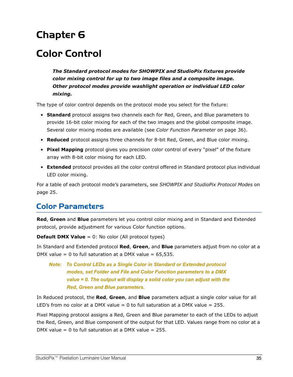 Chapter 6 color control, Color parameters, Chapter 6: color control | High End Systems StudioPix Pixelation Luminaire User Manual | Page 49 / 118