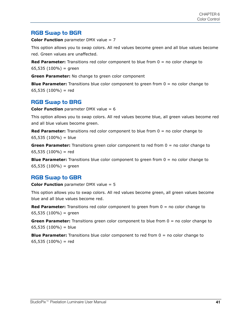 Rgb swap to bgr, Rgb swap to brg, Rgb swap to gbr | Rgb swap to bgr rgb swap to brg rgb swap to gbr | High End Systems StudioPix Pixelation Luminaire User Manual | Page 55 / 118