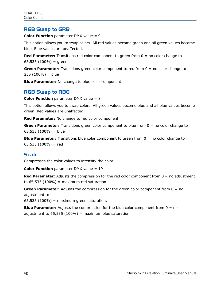 Rgb swap to grb, Rgb swap to rbg, Scale | Rgb swap to grb rgb swap to rbg scale | High End Systems StudioPix Pixelation Luminaire User Manual | Page 56 / 118