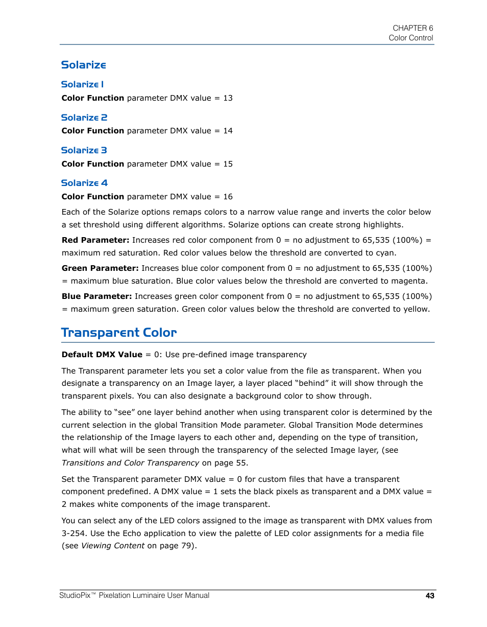 Solarize, Solarize 1, Solarize 2 | Solarize 3, Solarize 4, Transparent color, Solarize 1 solarize 2 solarize 3 solarize 4 | High End Systems StudioPix Pixelation Luminaire User Manual | Page 57 / 118