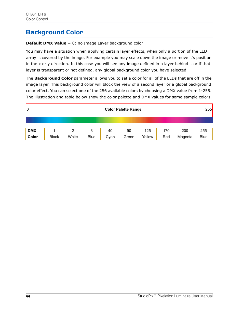 Background color | High End Systems StudioPix Pixelation Luminaire User Manual | Page 58 / 118